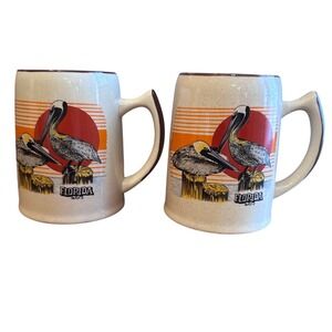 Florida Pelican Coffee Mugs Set of 2 Cream Brown Vintage MCM